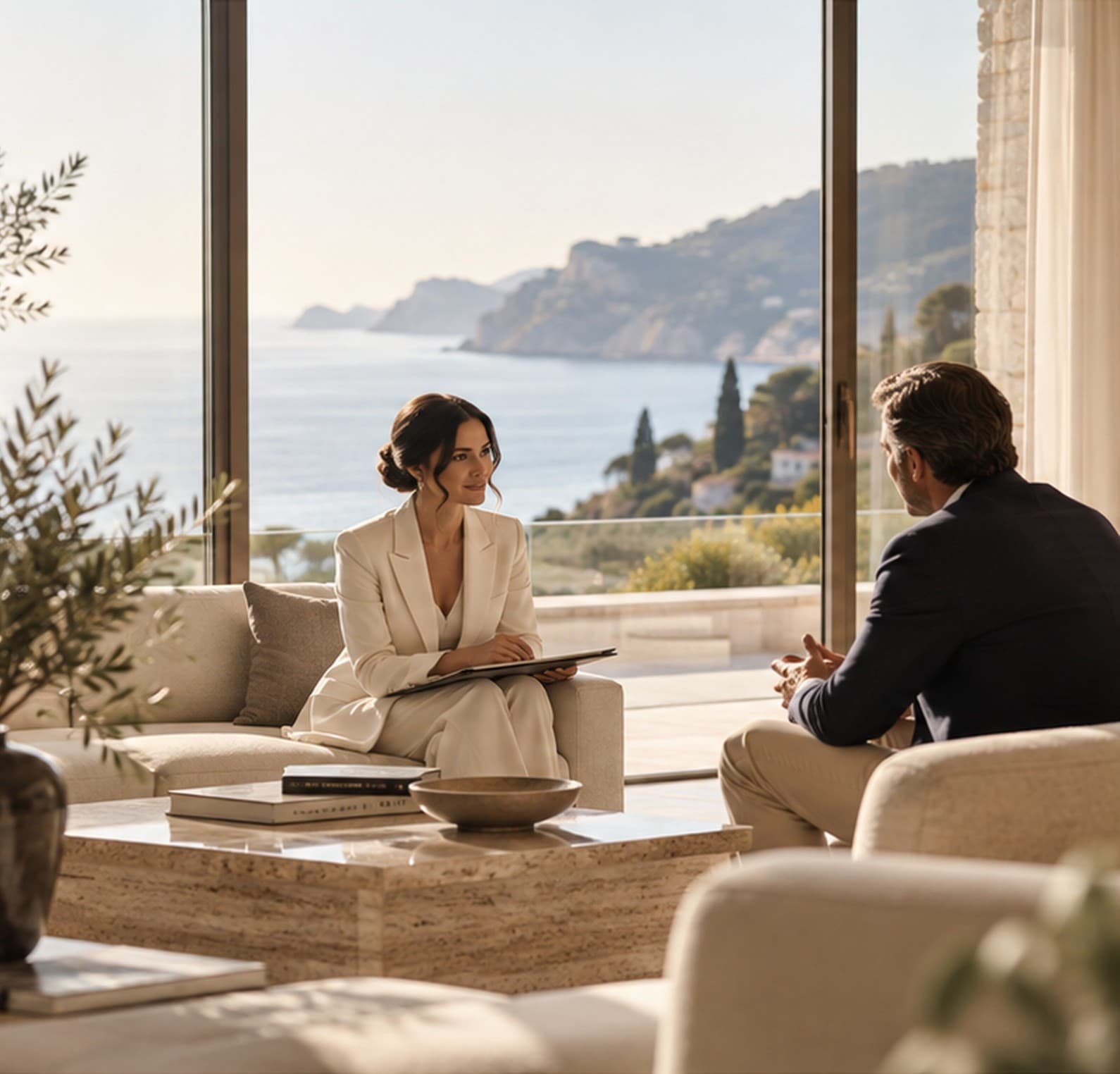 An advisor in a cream suit in a private consultation with a client in a sunlit living room overlooking the coast