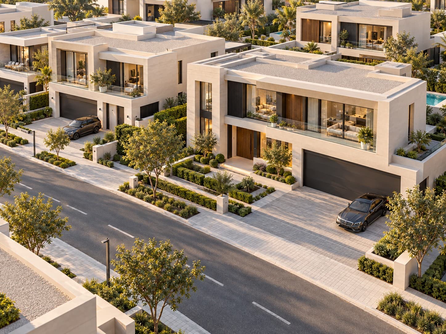 Row of modern stone villas with landscaped gardens along a quiet residential street